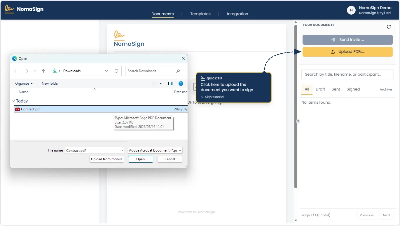 Uploading a contract to NomaSign