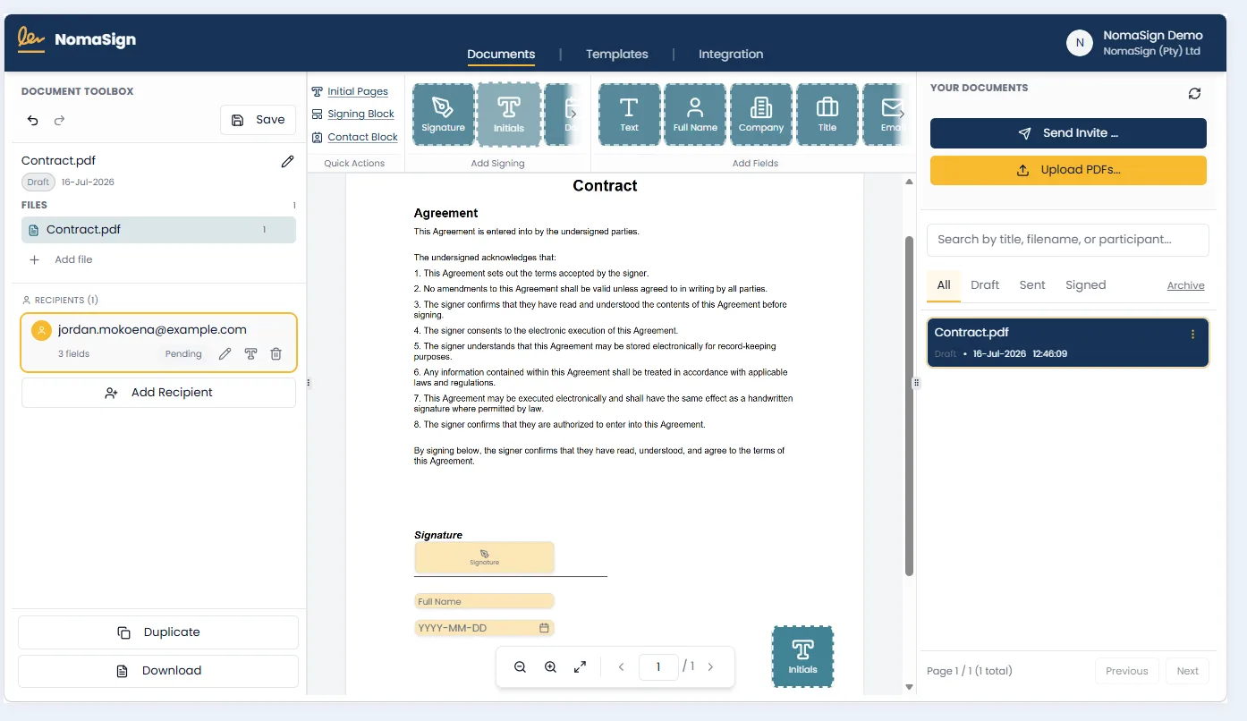 Placing signature and date fields on a document in NomaSign