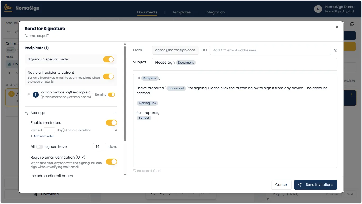 NomaSign send dialog with signing order, reminders, and email verification