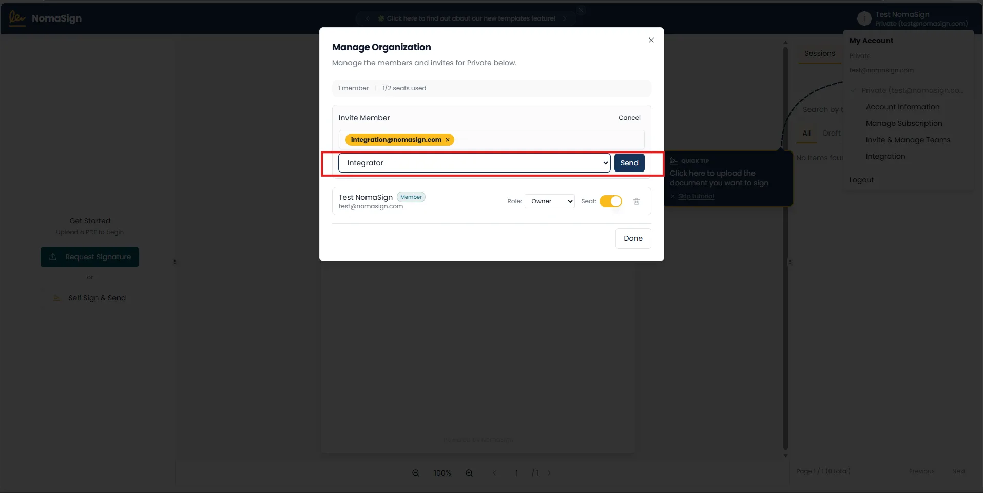 Invite dialog with Integrator role selected