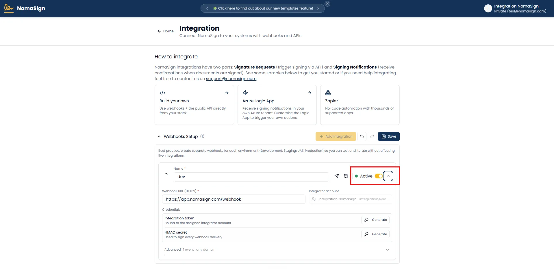 Activate integration toggle