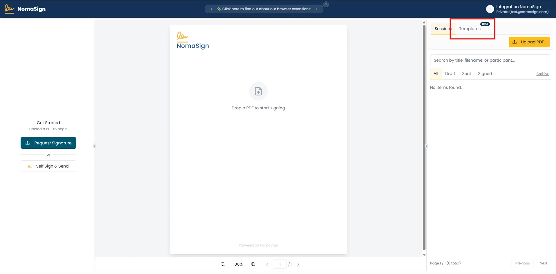 Templates page with search bar