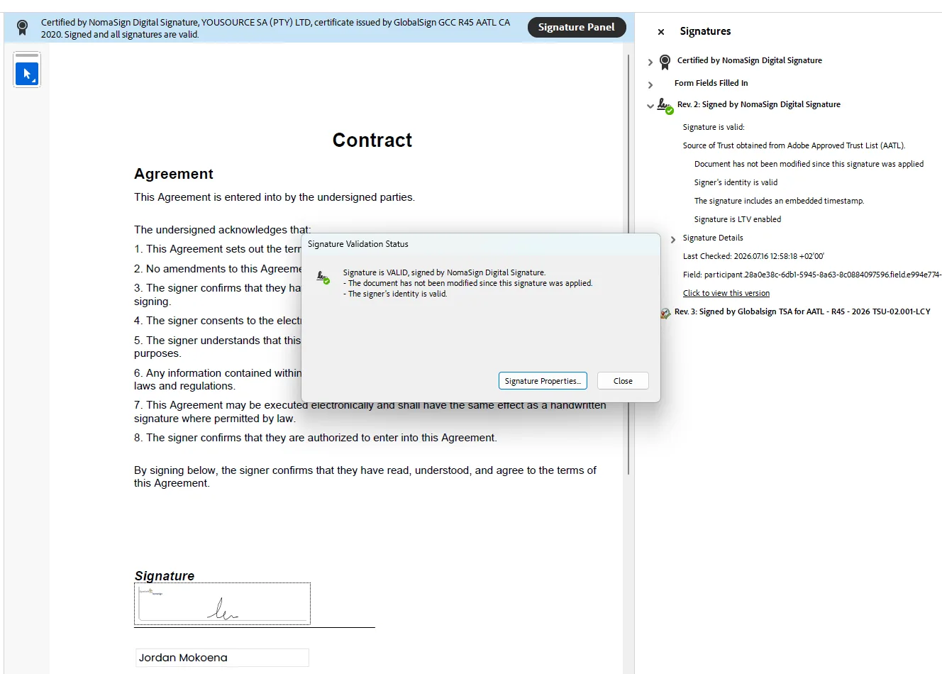 Adobe's Signature Validation Status: signature is valid, the document has not been modified since this signature was applied