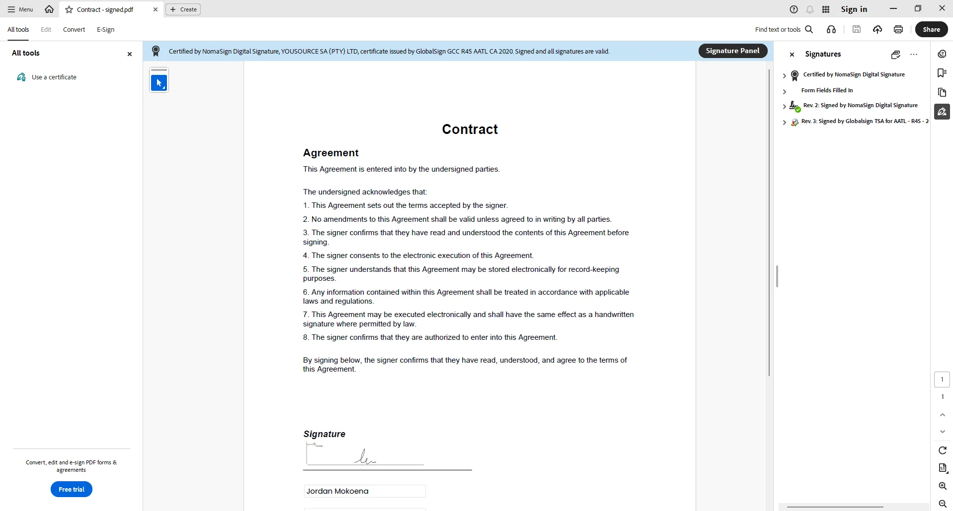 The Proof File open in Adobe Acrobat: banner reads Certified, signed and all signatures are valid, with the revision history in the Signature Panel